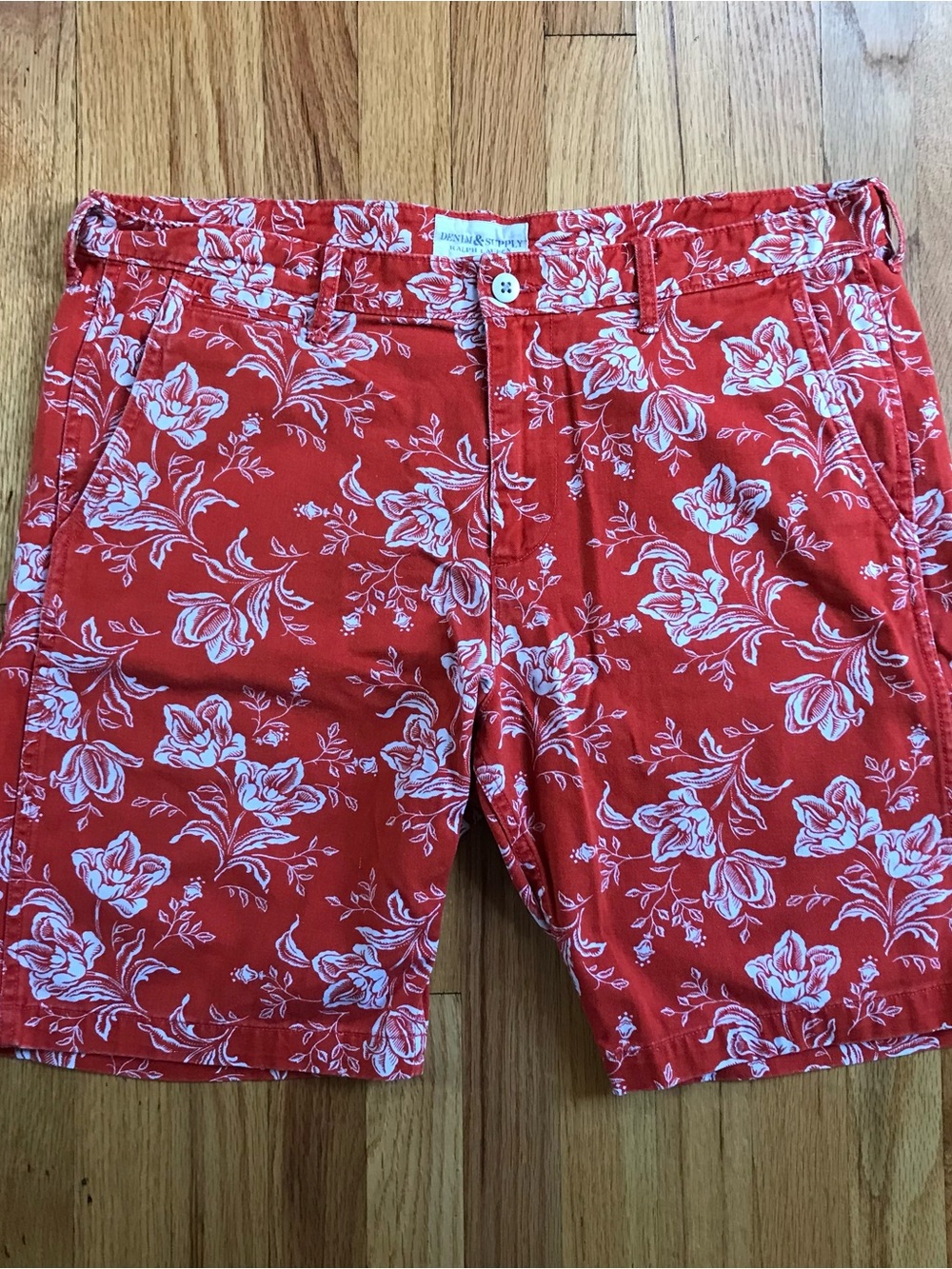 Denim & Supply Ralph Lauren Red Orange Floral Flat-Front Men's Shorts 38